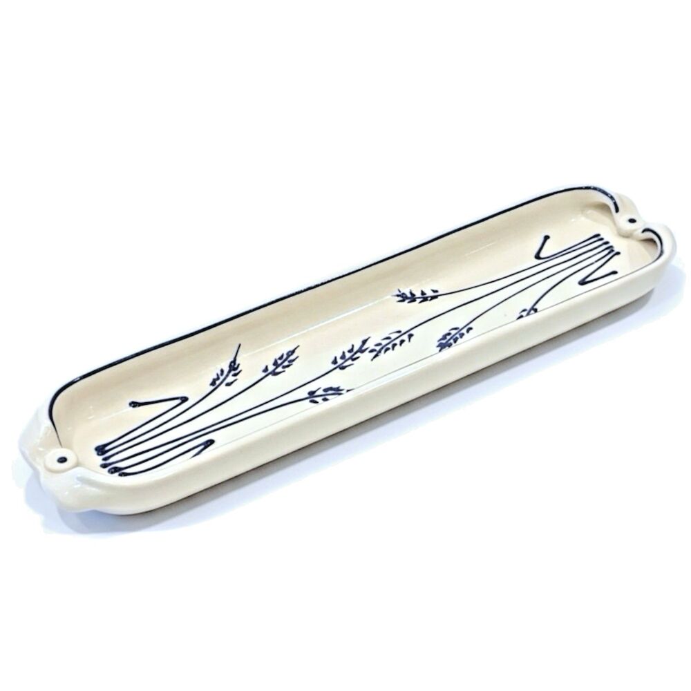 Signed Vtg Studio Pottery Handpainted Baguette/Appetizer Tray– Blue Wheat Design